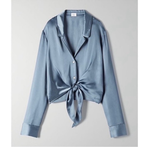 Wilfred by Aritzia Tie-Front Satin Blouse – Granite Blue – Size Small – NWT - Picture 2 of 6